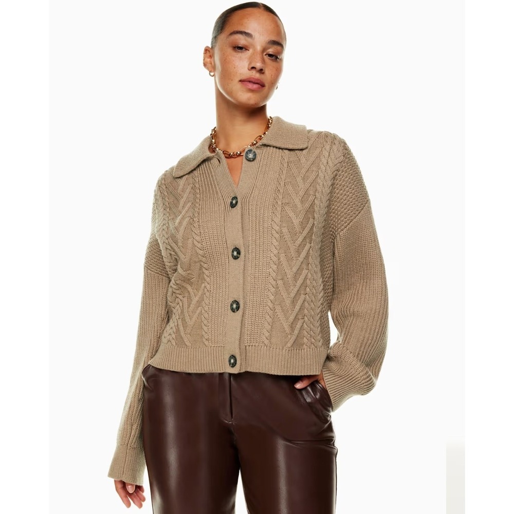 Babaton Aritzia Emporia Merino Chunky Cable Knit Preppy Cropped Cardigan sz XS